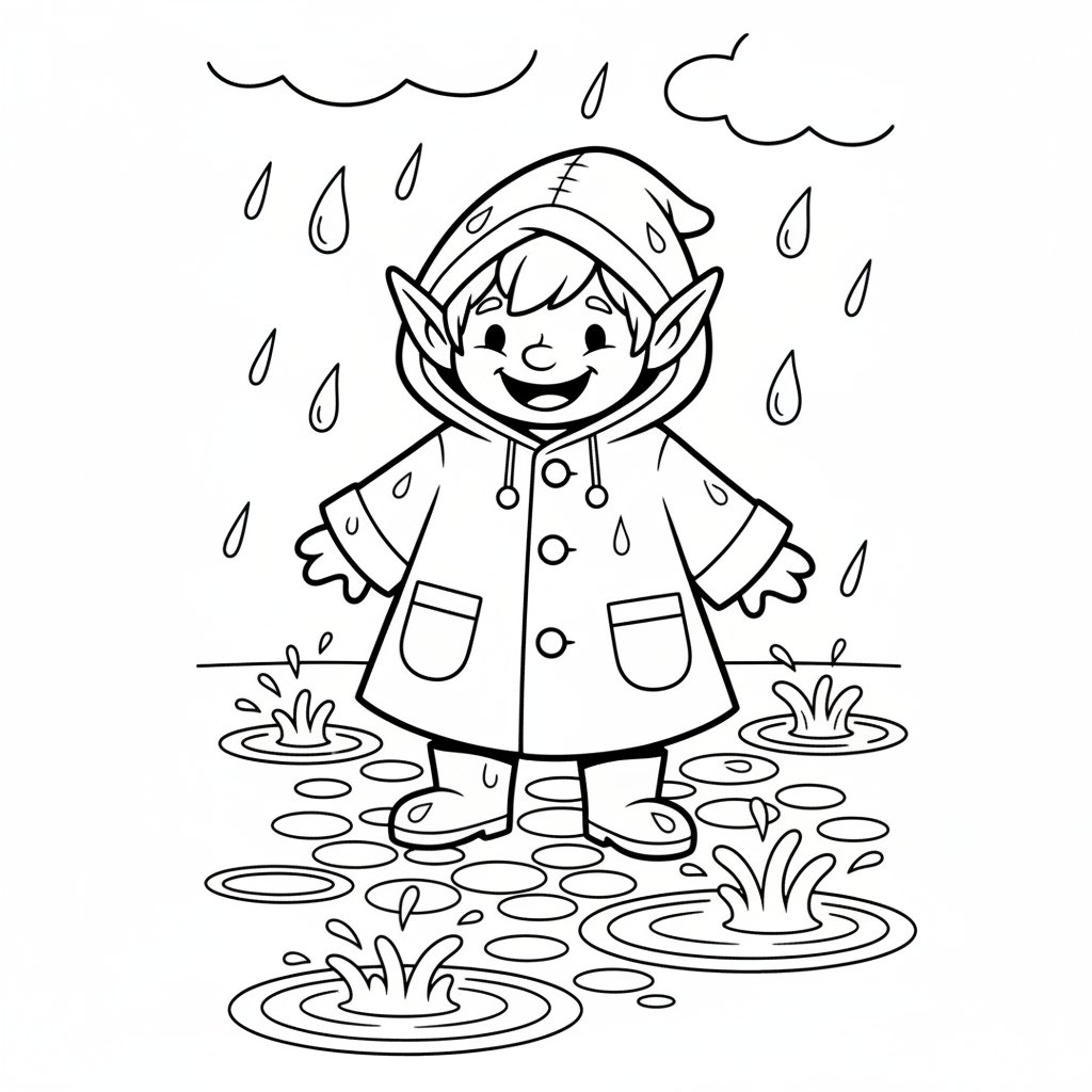 A tiny elf character splashing in rain puddles boots and raincoat - Free Printable Coloring Page A tiny elf character splashing in rain puddles boots and raincoat - Free Printable Coloring Page