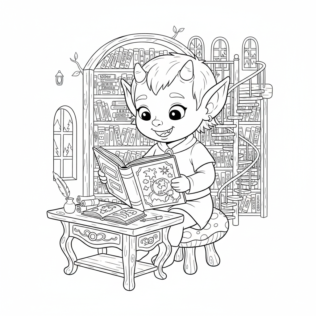 A tiny elf monster reading a book at a miniature library - Free Printable Coloring Page