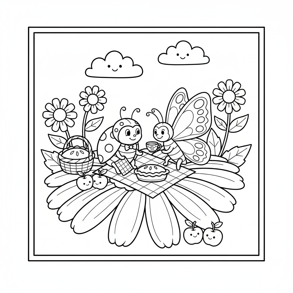 Coccinelles et papillons pique-niquent sur un pétale de marguerite - Free Printable Coloring Page Coccinelles et papillons pique-niquent sur un pétale de marguerite - Free Printable Coloring Page