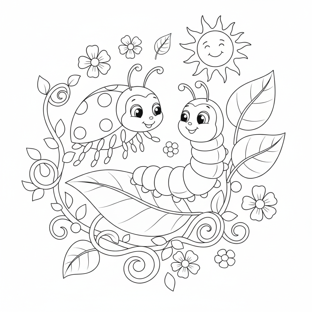 Ladybug And Caterpillar Friends - Free Printable Coloring Page Ladybug And Caterpillar Friends - Free Printable Coloring Page