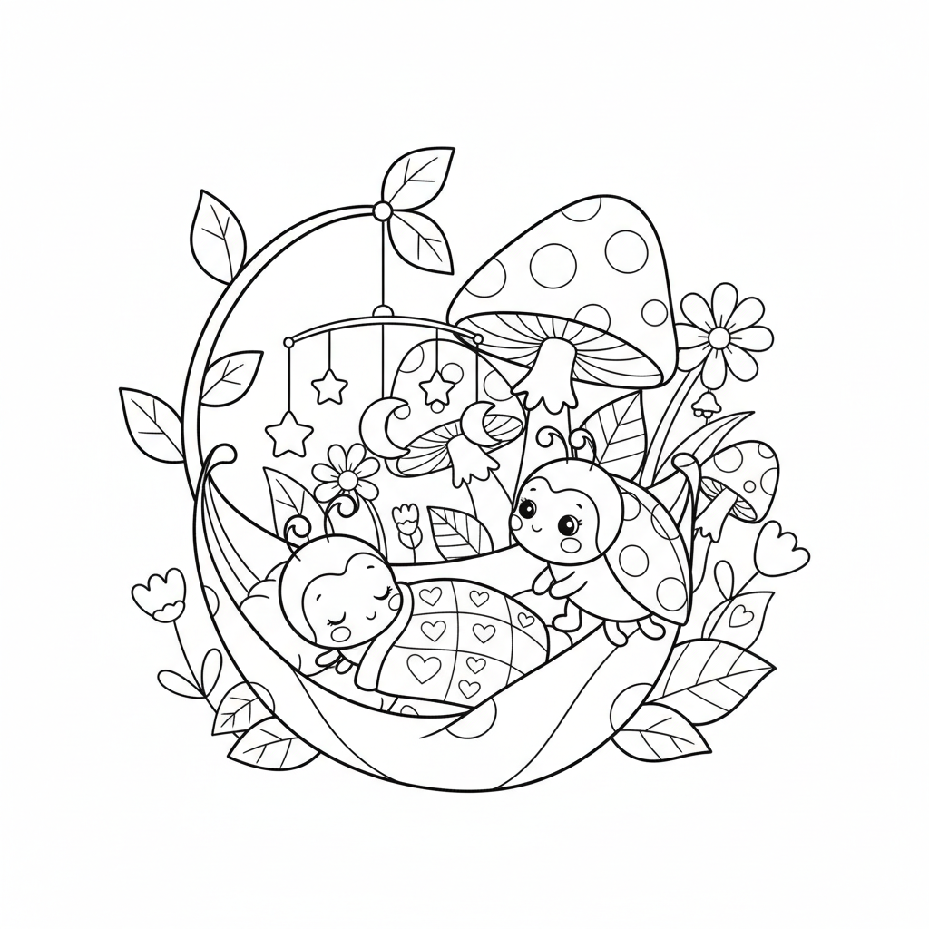 Berceau mignon en forme de feuille enroulée avec une coccinelle dans une chambre de bébé - Free Printable Coloring Page Berceau mignon en forme de feuille enroulée avec une coccinelle dans une chambre de bébé - Free Printable Coloring Page
