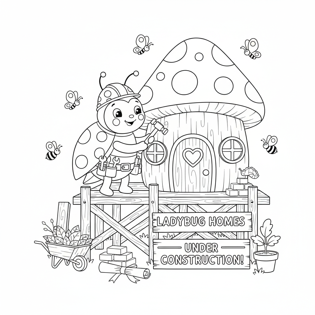 Ladybug bouwt een tiny house-project - Free Printable Coloring Page Ladybug bouwt een tiny house-project - Free Printable Coloring Page