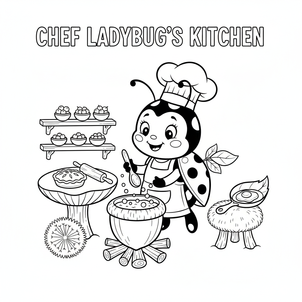 Chef coccinelle cuisinant dans une cuisine en forme de gland, petit repas - Coloriage gratuit à imprimer Chef coccinelle cuisinant dans une cuisine en forme de gland, petit repas - Coloriage gratuit à imprimer