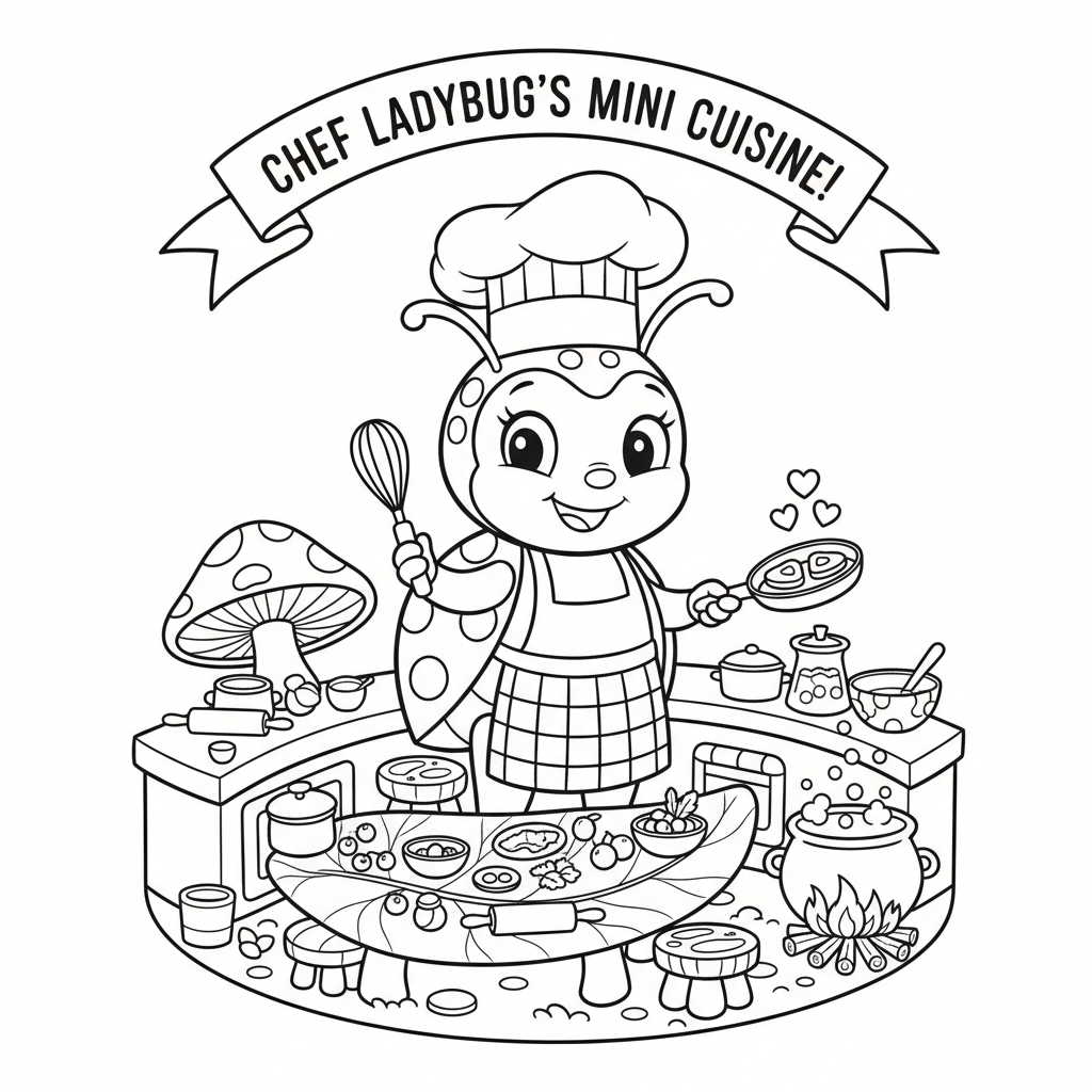 Lieveheersbeestje-chef kookt in een kleine keuken - Gratis afdrukbare kleurplaat Lieveheersbeestje-chef kookt in een kleine keuken - Gratis afdrukbare kleurplaat