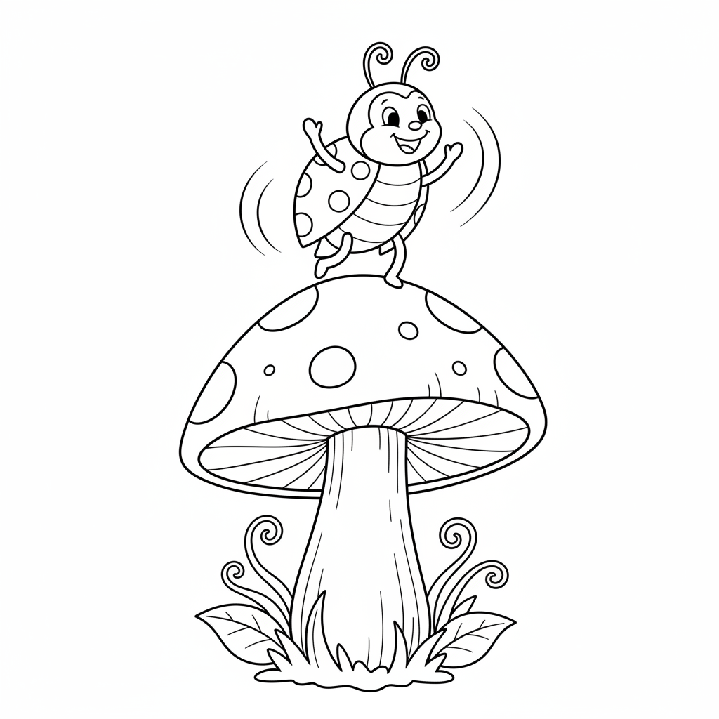 Ladybug Dancing On Mushroom - Free Printable Coloring Page Ladybug Dancing On Mushroom - Free Printable Coloring Page