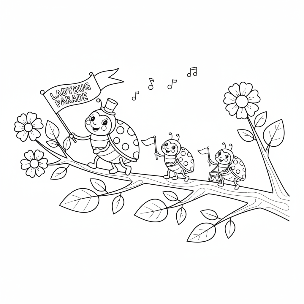 Une famille de coccinelles défile sur une branche - Coloriage gratuit à imprimer Une famille de coccinelles défile sur une branche - Coloriage gratuit à imprimer