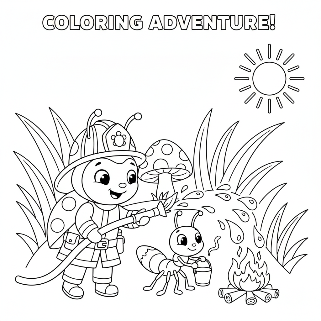 Une coccinelle pompier utilise l'eau de rosée pour aider une fourmi - Coloriage gratuit à imprimer Une coccinelle pompier utilise l'eau de rosée pour aider une fourmi - Coloriage gratuit à imprimer