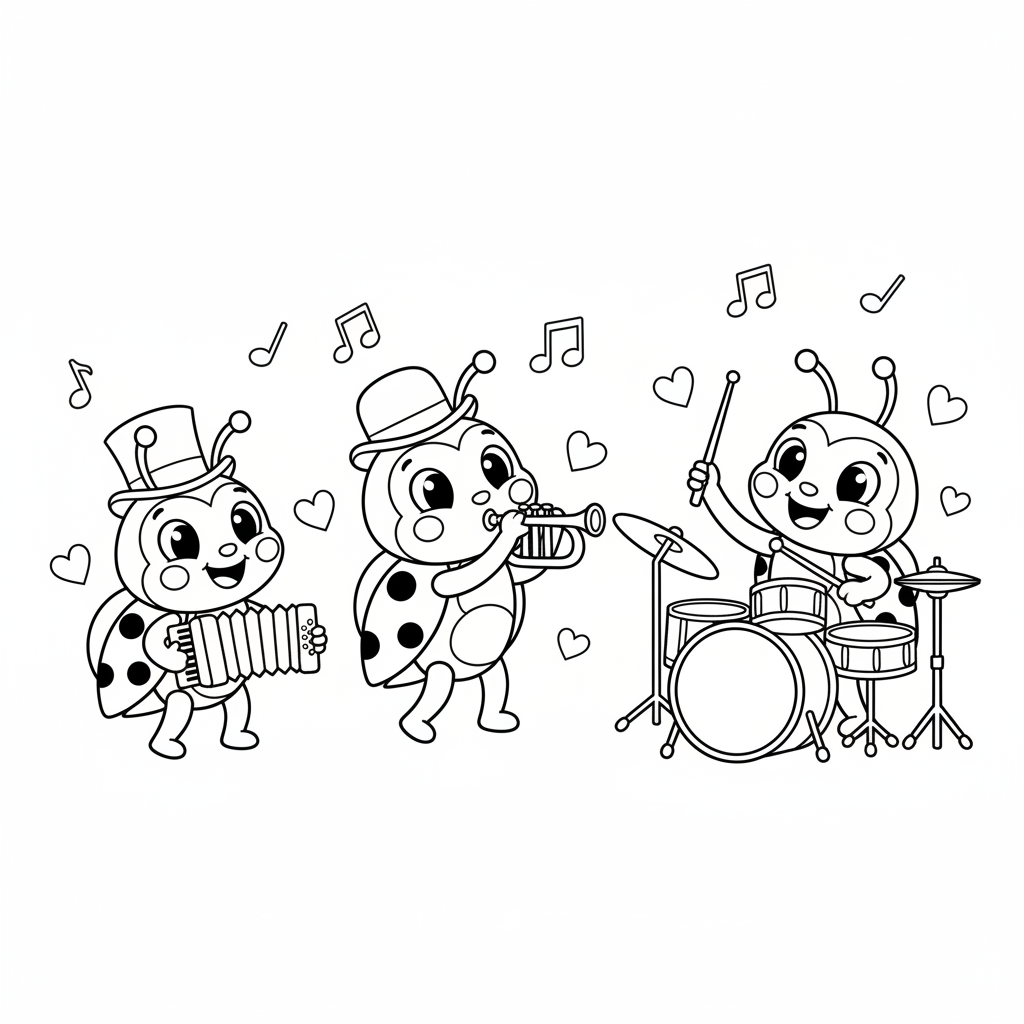 Ladybug-muzikant die instrumenten bespeelt in een band - Gratis afdrukbare kleurplaat Ladybug-muzikant die instrumenten bespeelt in een band - Gratis afdrukbare kleurplaat