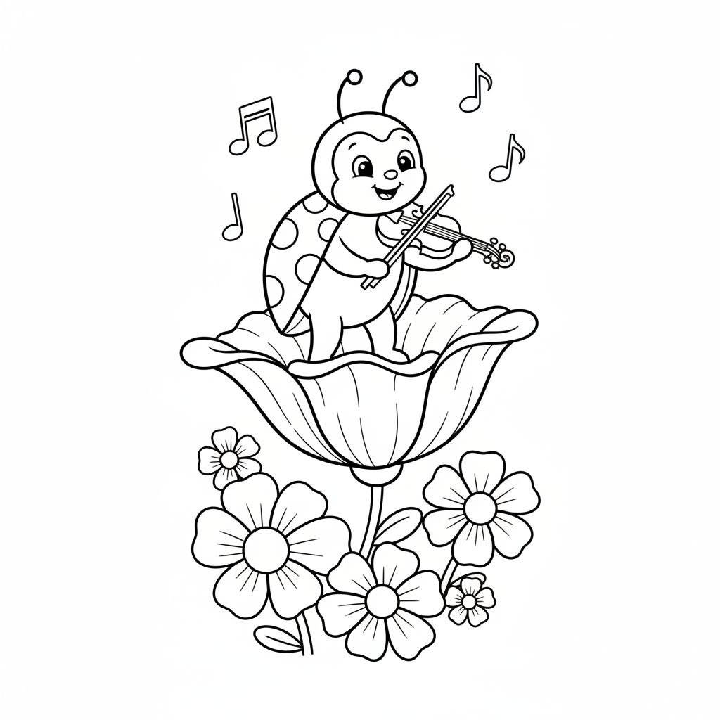 Coccinelle musicienne jouant du violon sur une scène de pétales de fleurs - Free Printable Coloring Page Coccinelle musicienne jouant du violon sur une scène de pétales de fleurs - Free Printable Coloring Page