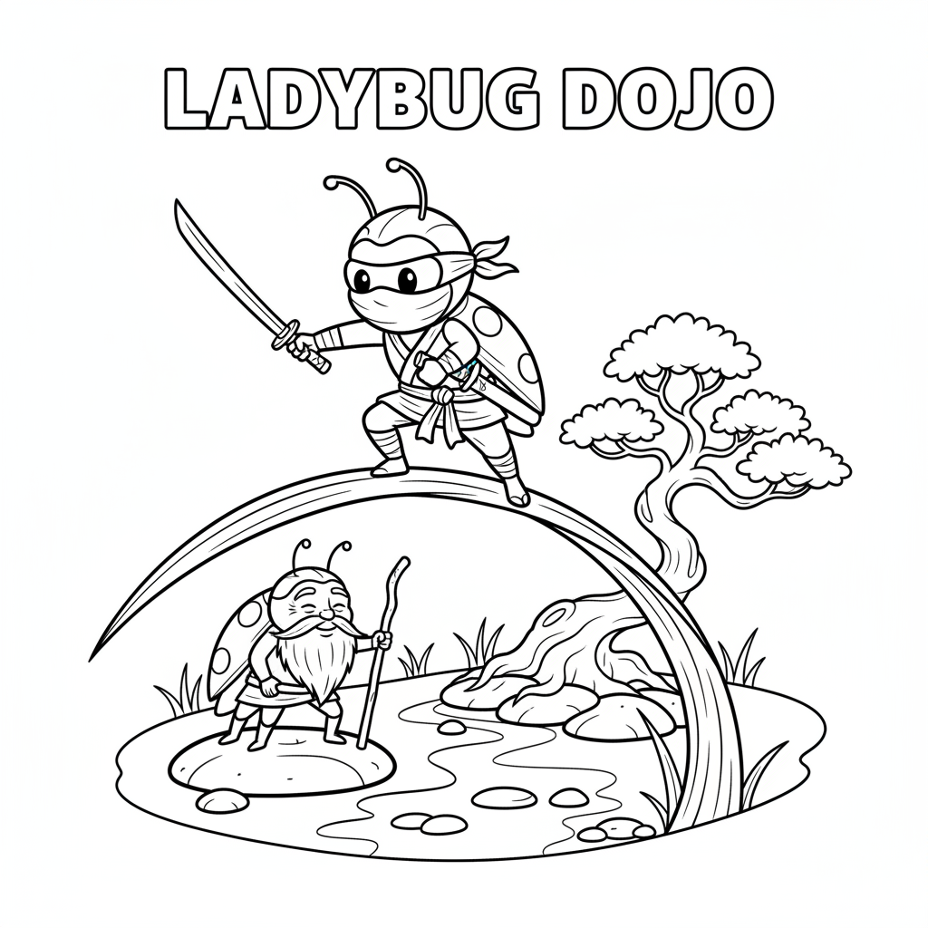 Marienkäfer-Ninja-Training auf einem Grashalm-Dojo-Gleichgewicht - Free Printable Coloring Page
