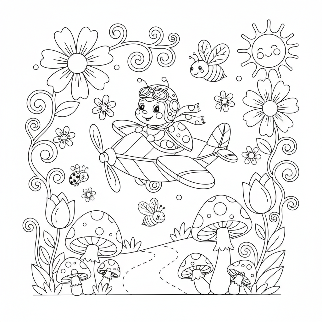 Coccinelle pilote faisant voler un petit avion en feuille dans le jardin - Coloriage gratuit à imprimer Coccinelle pilote faisant voler un petit avion en feuille dans le jardin - Coloriage gratuit à imprimer