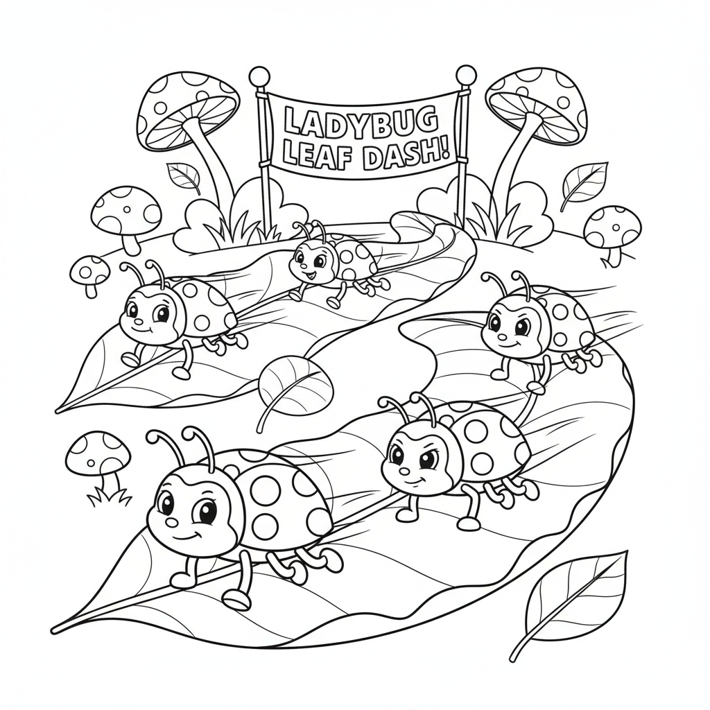 Lieveheersbeestjesrace, snelle start, bladeren - Gratis afdrukbare kleurplaat Lieveheersbeestjesrace, snelle start, bladeren - Gratis afdrukbare kleurplaat