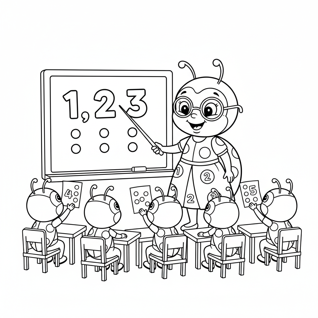 La maîtresse coccinelle montre une leçon de mathématiques sur le comptage des points - Coloriage gratuit à imprimer La maîtresse coccinelle montre une leçon de mathématiques sur le comptage des points - Coloriage gratuit à imprimer