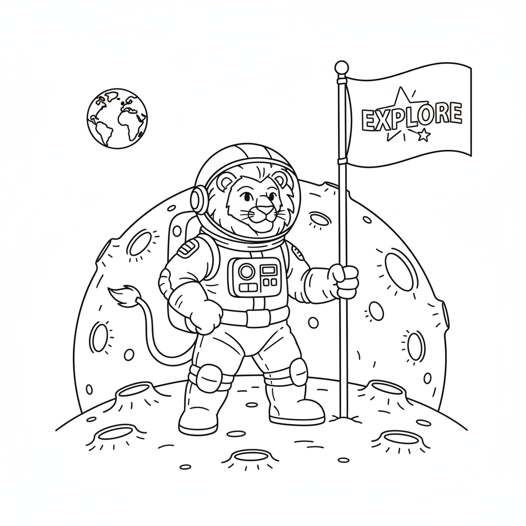 Löwen-Astronaut pflanzt Flagge auf dem Mond – stolze Pose - Kostenloses druckbares Ausmalbild