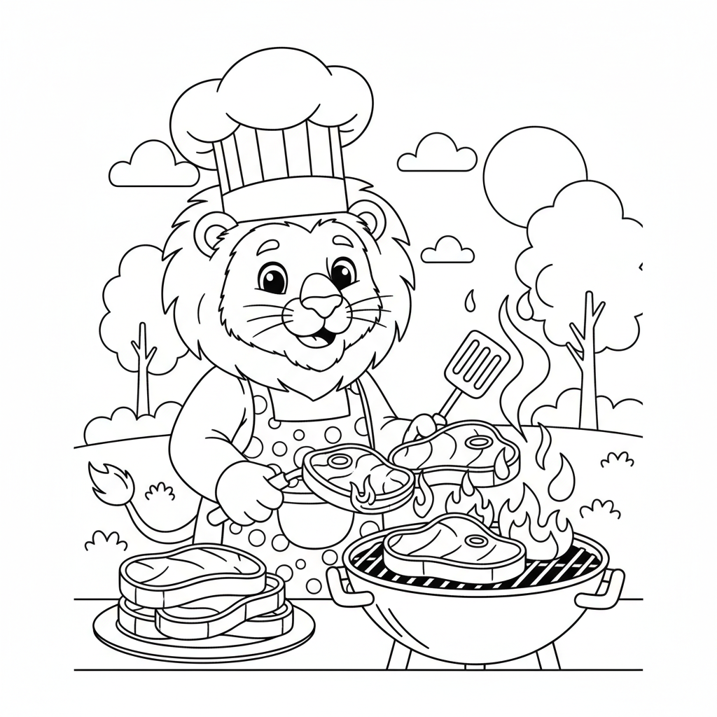 Löwenkoch beim Grillen von Steaks, Grillschürze und Hut - Kostenloses druckbares Ausmalbild