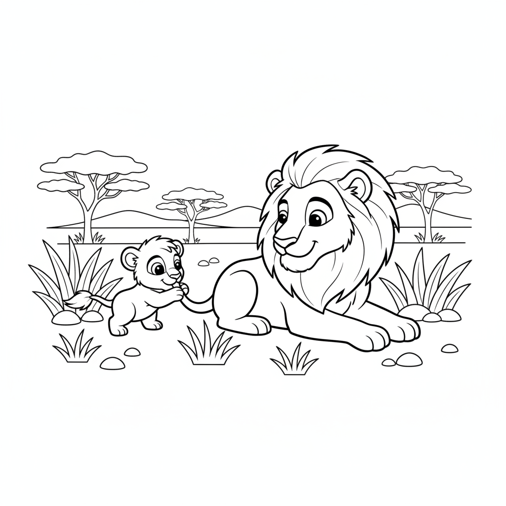Löwenjunges spielt im Savannengras mit dem Schwanz seiner Mutter. - Kostenloses druckbares Ausmalbild
