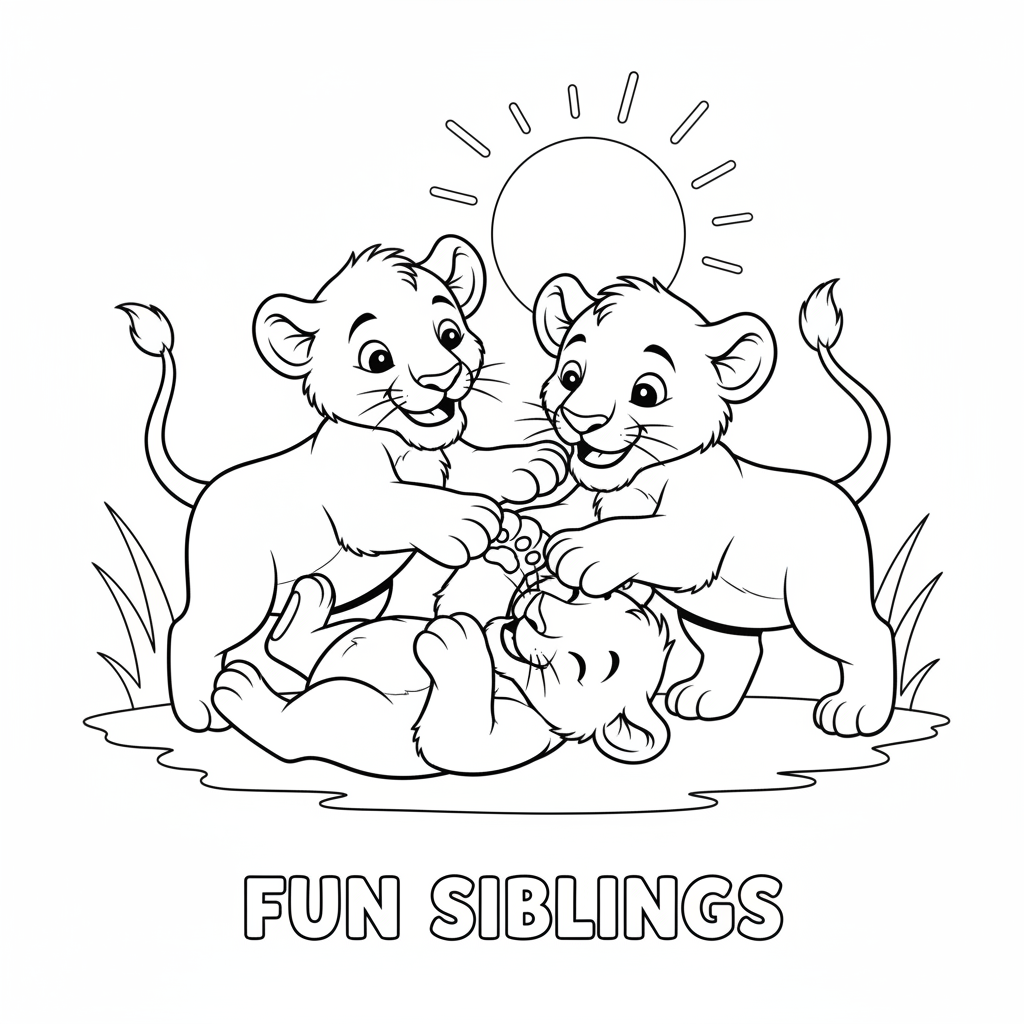 Lion cubs wrestling playing together fun siblings - Free Printable Coloring Page Lion cubs wrestling playing together fun siblings - Free Printable Coloring Page