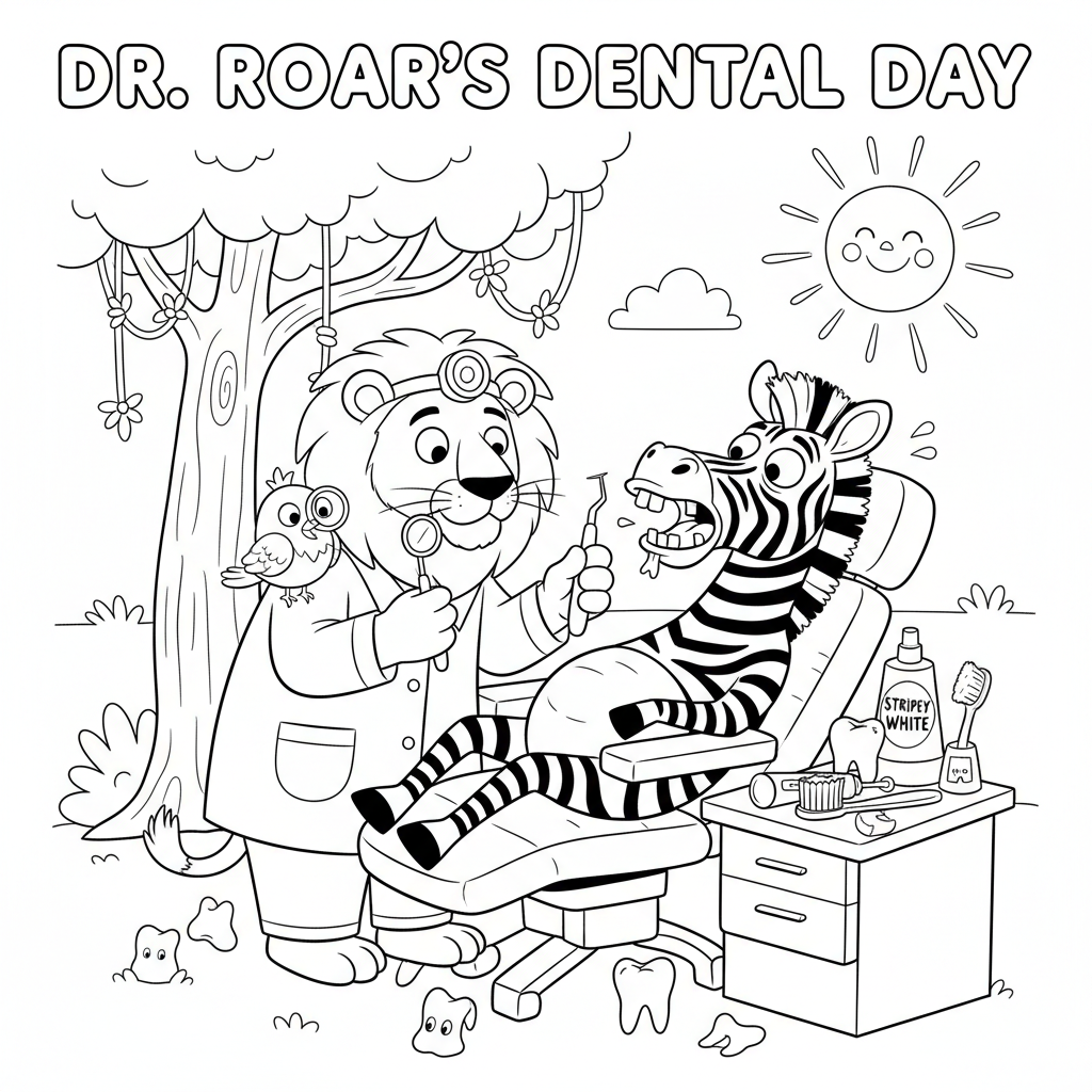 Löwenzahnarzt untersucht Zebras Zähne – lustiger Termin - Free Printable Coloring Page Löwenzahnarzt untersucht Zebras Zähne – lustiger Termin - Free Printable Coloring Page