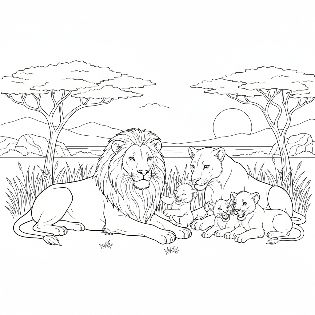 Lion Family Pride On Savanna - Free Printable Coloring Page Lion Family Pride On Savanna - Free Printable Coloring Page
