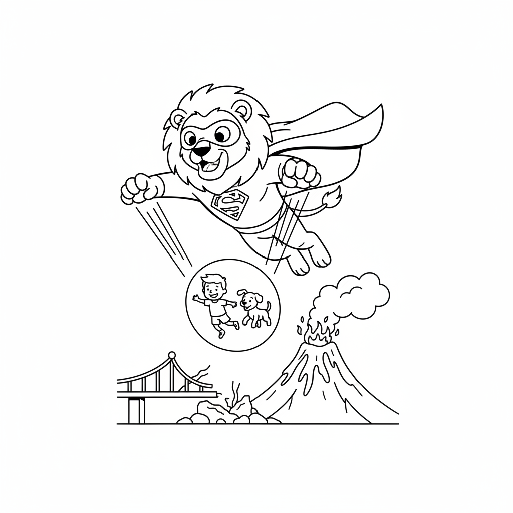 Leone con mantello da supereroe e poteri di salvataggio volanti - Free Printable Coloring Page
