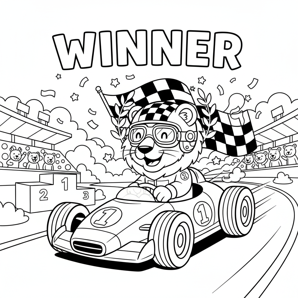 Löwenrennfahrer rast über die Strecke – Gewinner - Free Printable Coloring Page Löwenrennfahrer rast über die Strecke – Gewinner - Free Printable Coloring Page