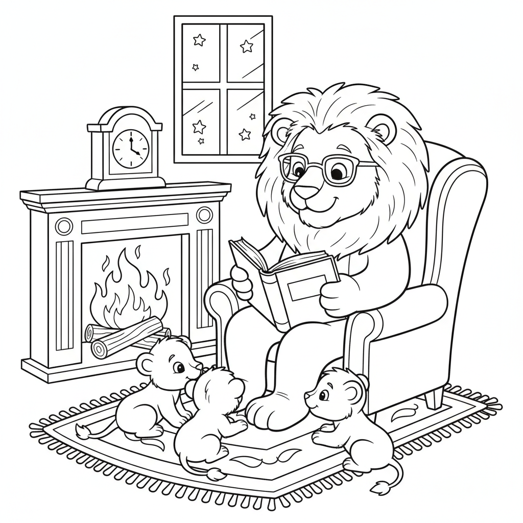Löwe liest Löwenjungen am Feuer eine Gutenachtgeschichte vor - Free Printable Coloring Page Löwe liest Löwenjungen am Feuer eine Gutenachtgeschichte vor - Free Printable Coloring Page