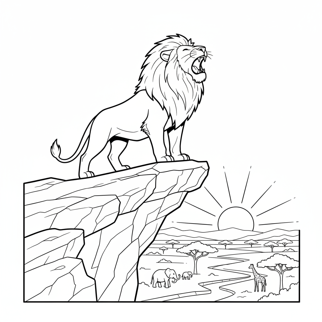 Löwe brüllt am Rand einer Klippe mit Blick auf die afrikanische Ebene - Kostenloses druckbares Ausmalbild Löwe brüllt am Rand einer Klippe mit Blick auf die afrikanische Ebene - Kostenloses druckbares Ausmalbild