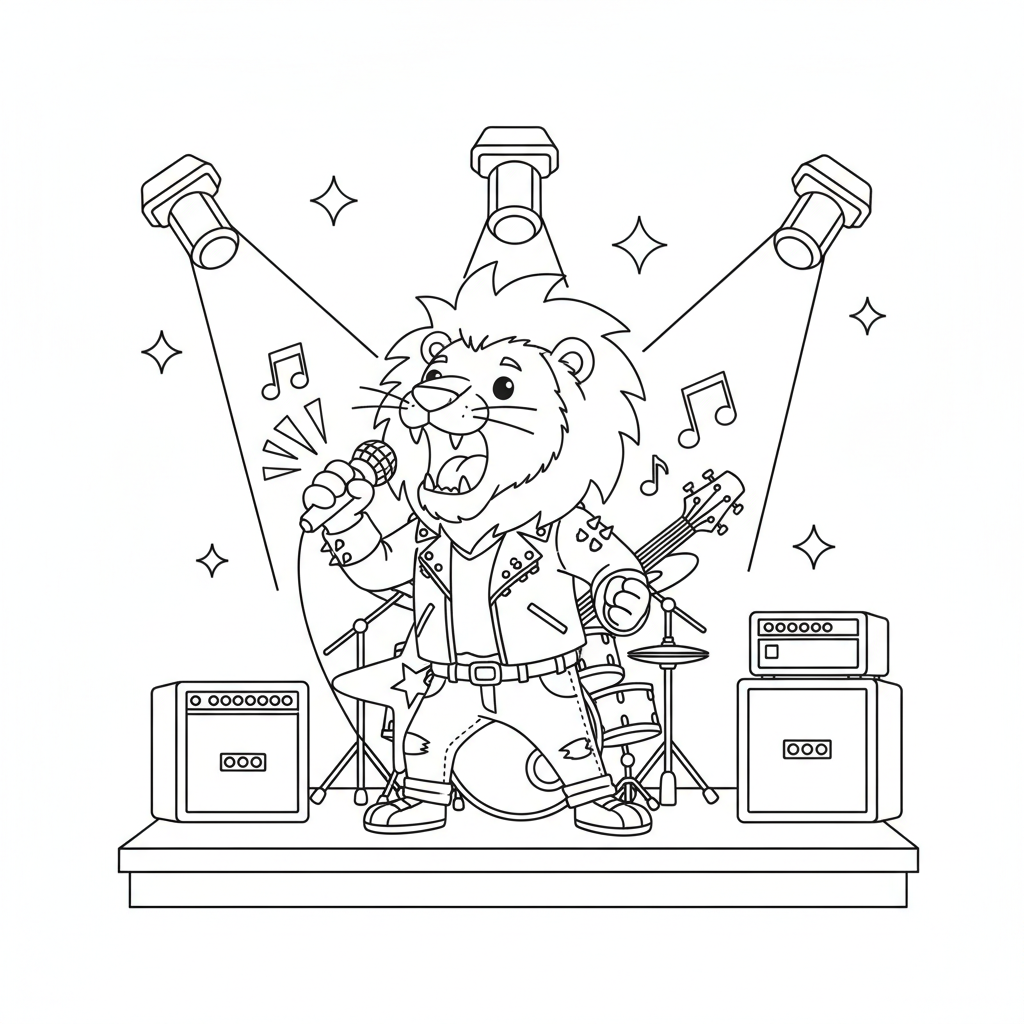 Lion-Rockstar singt ins Mikrofon auf der Konzertbühne - Free Printable Coloring Page Lion-Rockstar singt ins Mikrofon auf der Konzertbühne - Free Printable Coloring Page