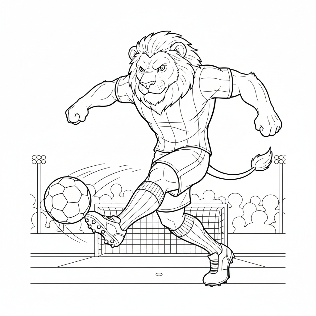 Lion Fußballspieler kickt - Kostenloses druckbares Ausmalbild