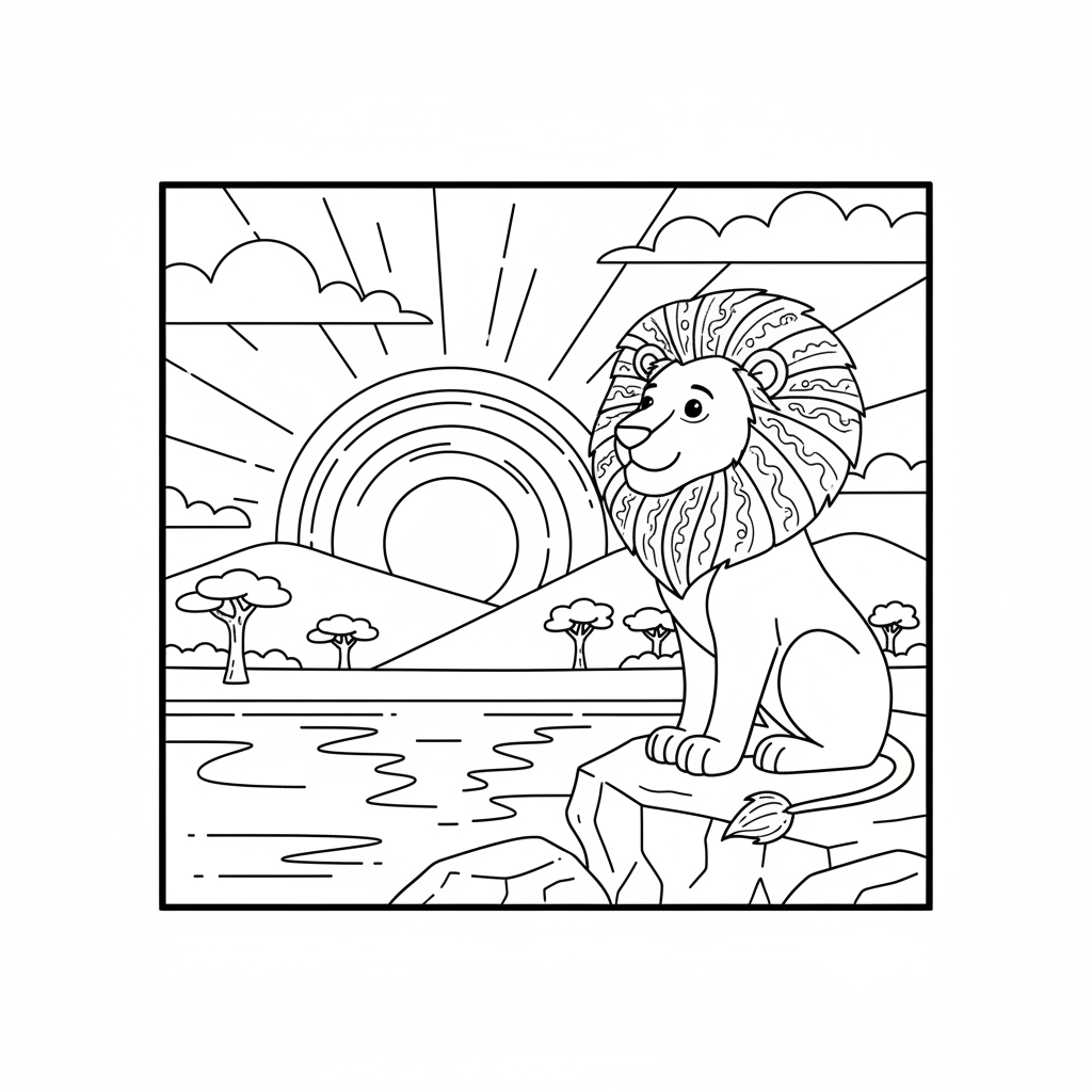 Lion watching sunset peaceful scene contemplation - Free Printable Coloring Page Lion watching sunset peaceful scene contemplation - Free Printable Coloring Page