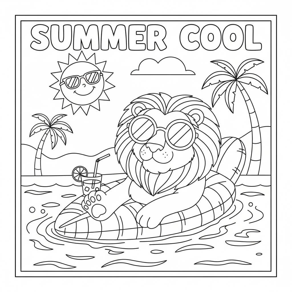 Löwe mit Sonnenbrille entspannt im Pool, sommerlich kühl - Kostenloses druckbares Ausmalbild