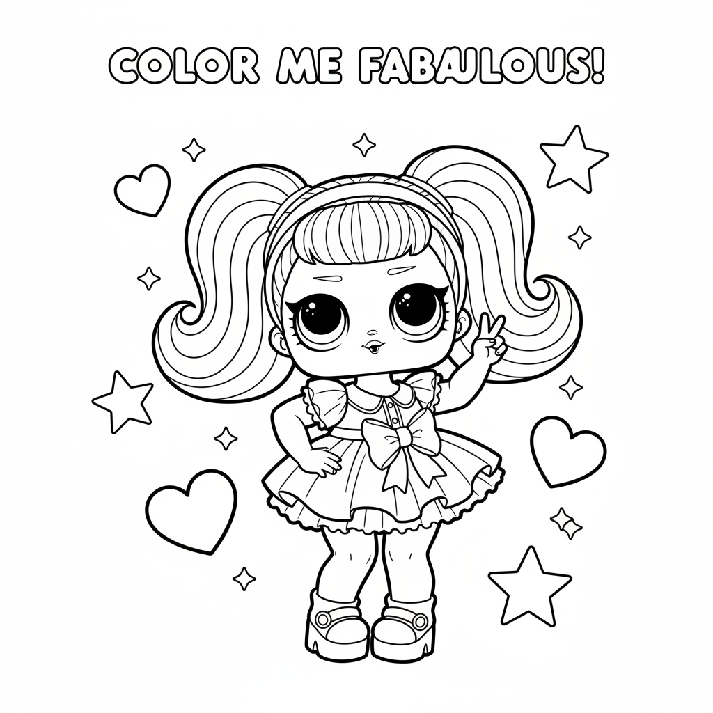 Bambola LOL glamour con grandi occhi scintillanti e vestito rosa in posa - Disegno da colorare gratuito