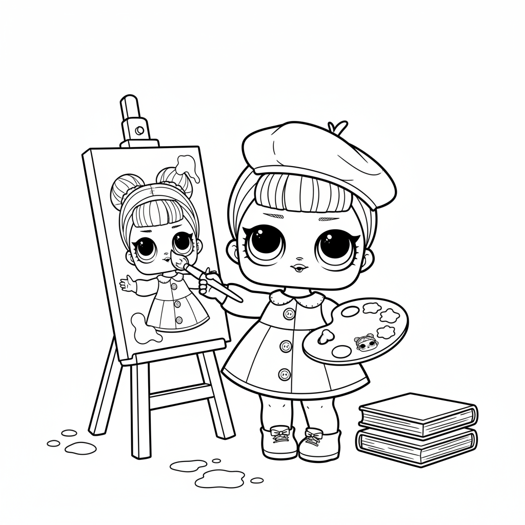 LOL, artiste peignant une poupée sur toile avec béret et palette - Coloriage gratuit à imprimer