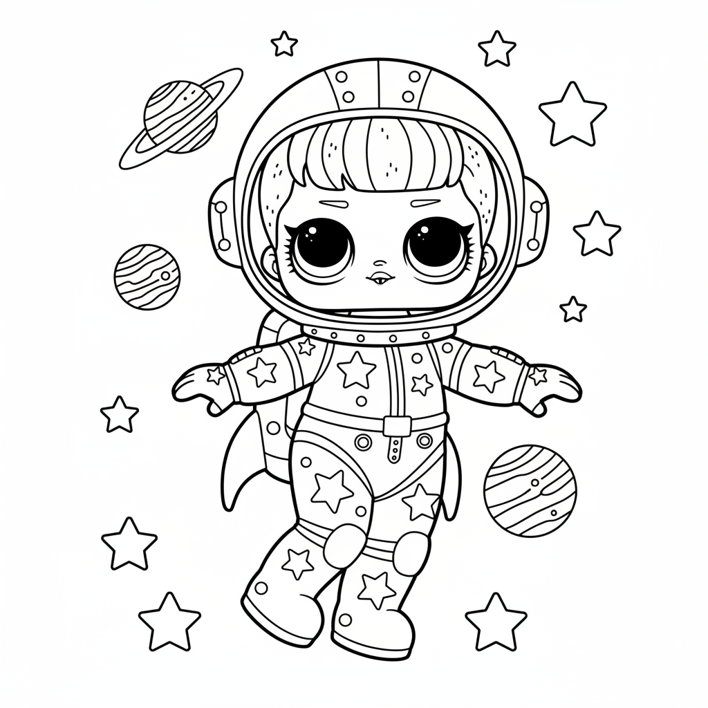 Poupée LOL astronaute en combinaison spatiale scintillante parmi les étoiles - Coloriage gratuit à imprimer