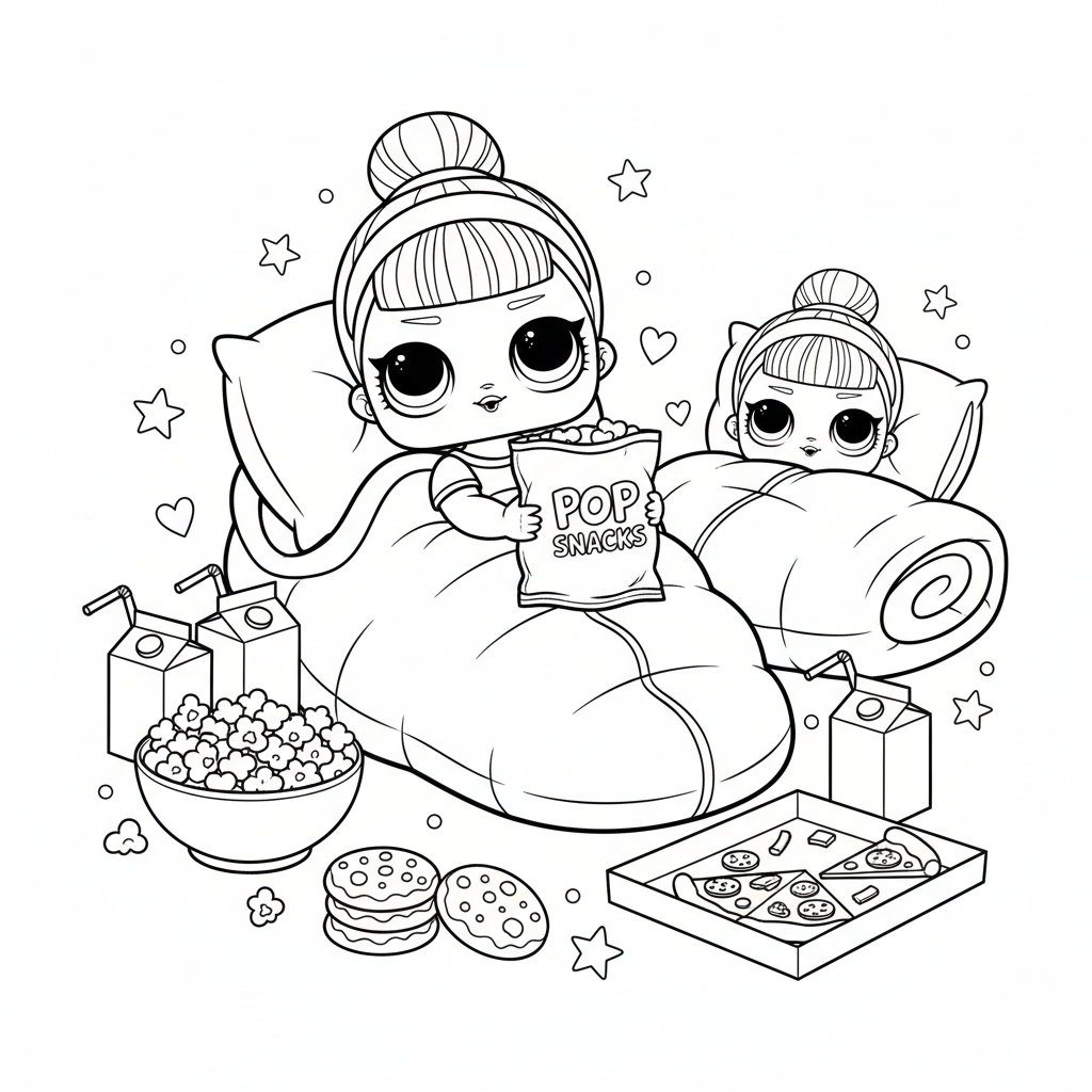 Poupée LOL à une soirée pyjama avec sac de couchage et goûters - Coloriage gratuit à imprimer