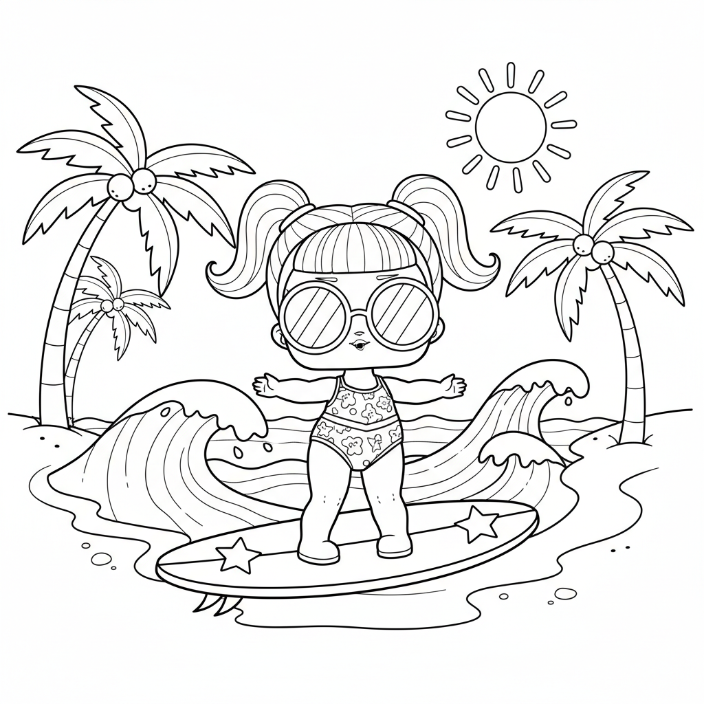 LOL-pop op het strand met surfplank, zonnebril en golven - Gratis afdrukbare kleurplaat