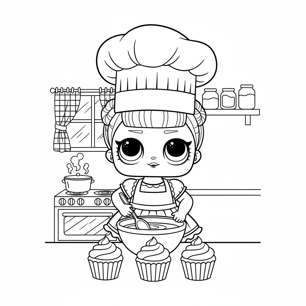 Poupée LOL qui cuisine dans une cuisine avec un chapeau de chef et des cupcakes - Coloriage gratuit à imprimer