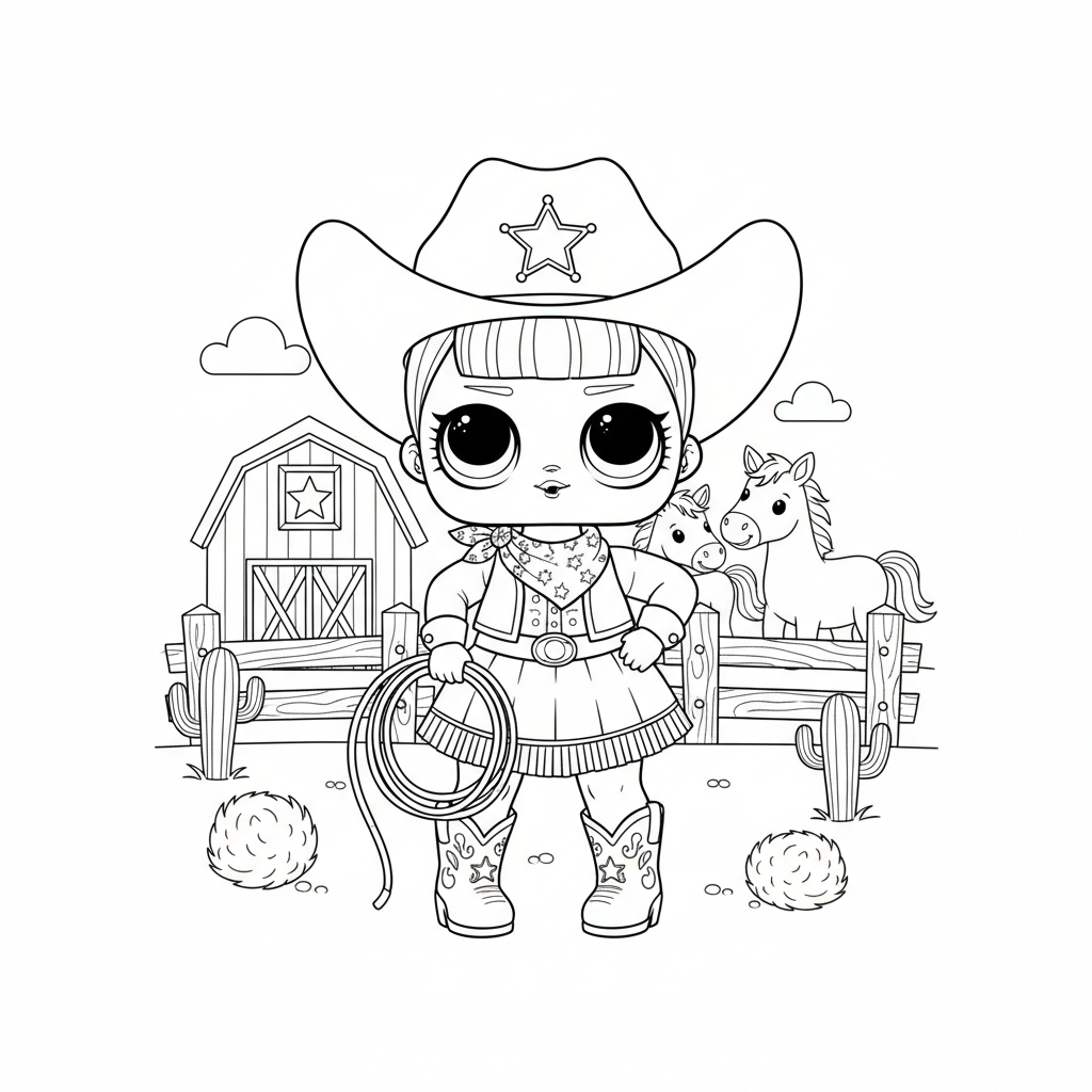 Poupée LOL cowgirl avec chapeau, bottes et lasso dans un ranch - Coloriage gratuit à imprimer