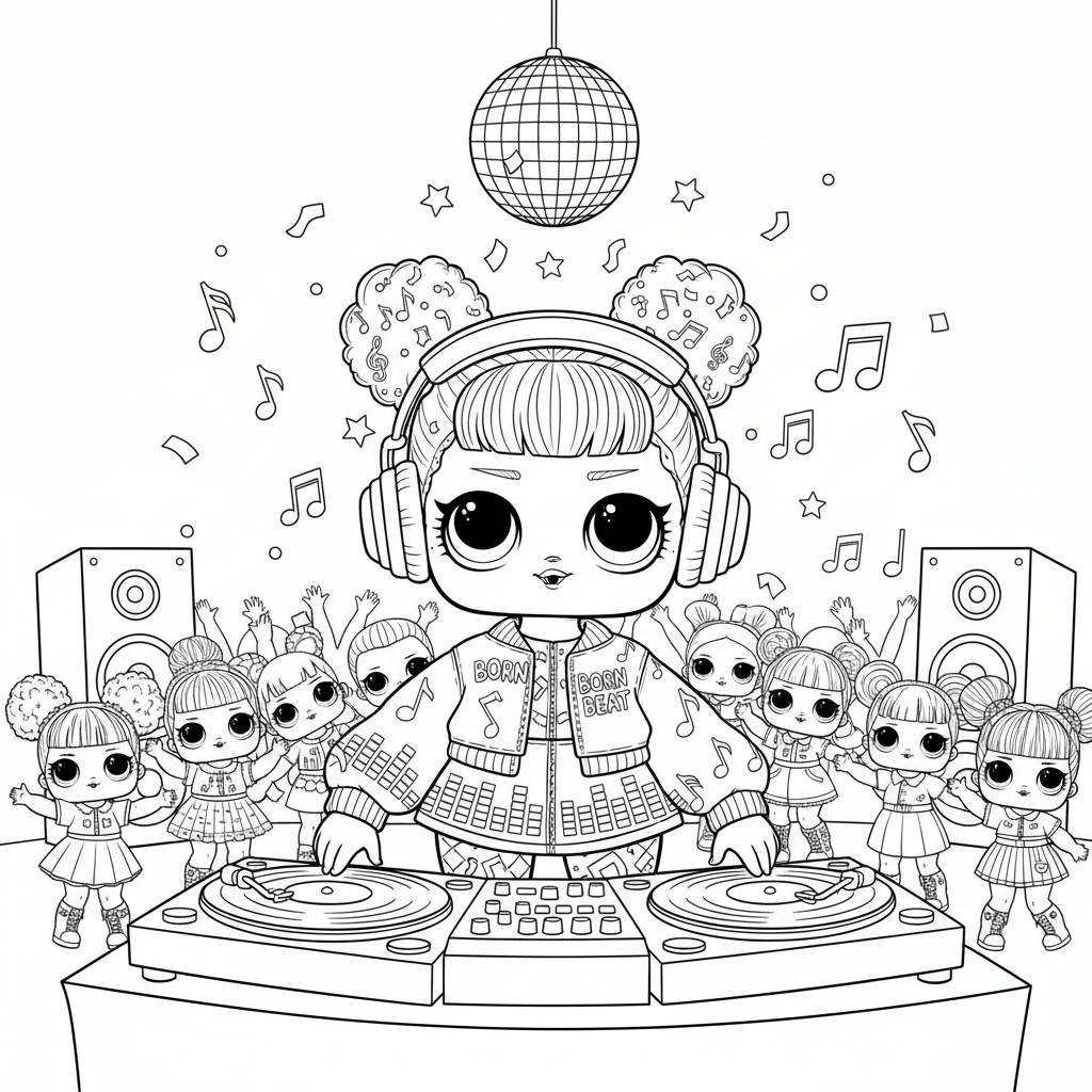 Poupée LOL DJ mixant des disques à une soirée dansante - Free Printable Coloring Page