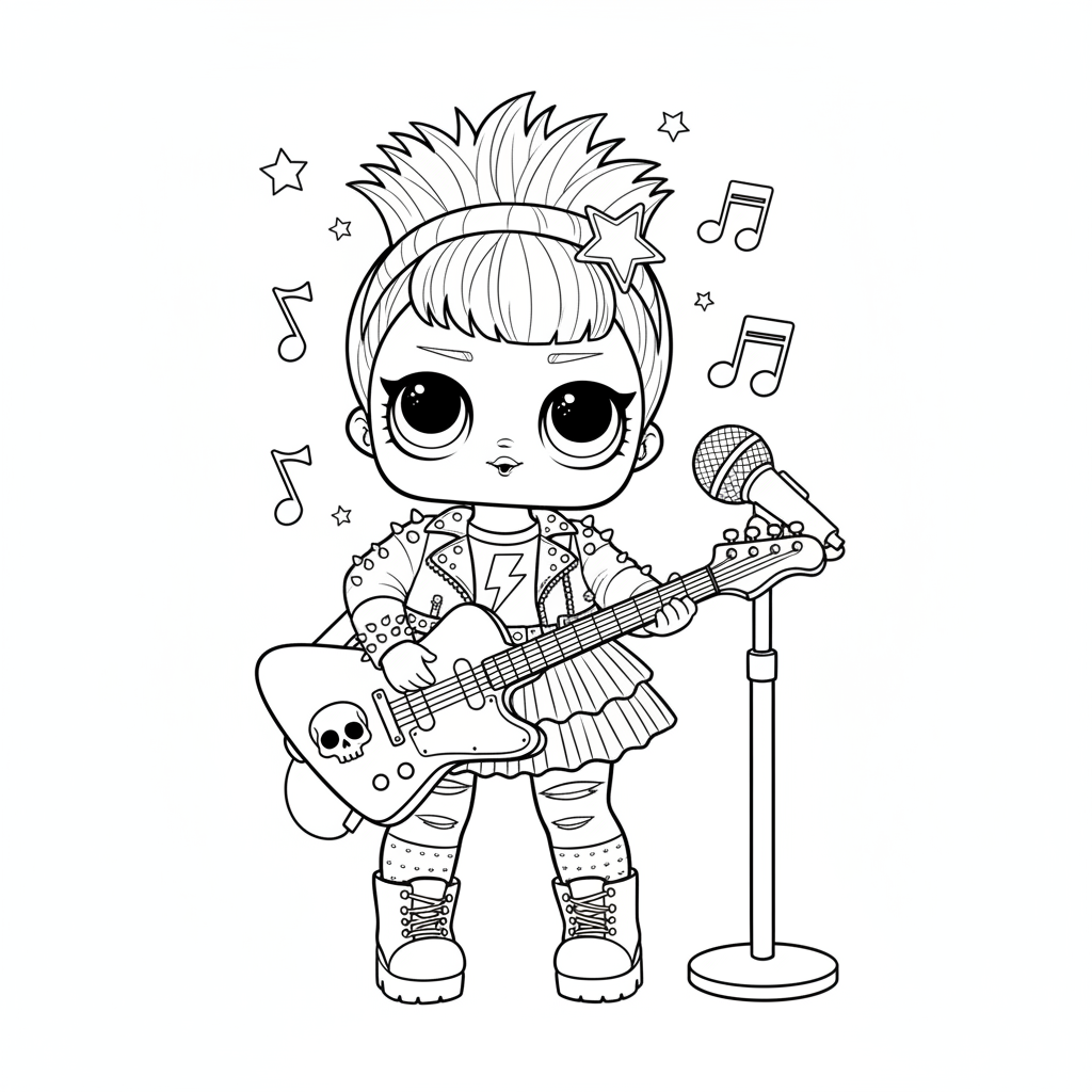 LOL-docka utklädd till rockstjärna med gitarr och mikrofon - Gratis utskrivbar målarbild