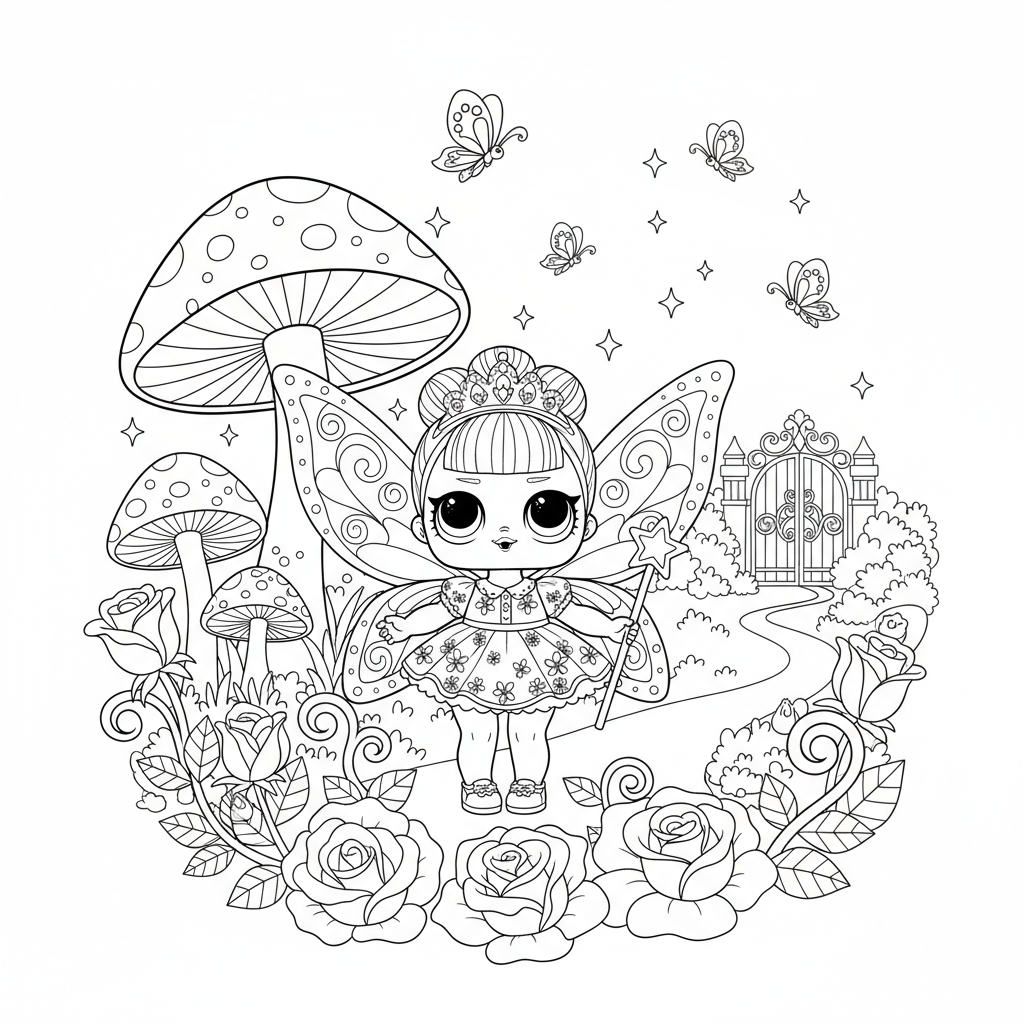 Poupée fée LOL avec ailes et baguette magique dans un jardin enchanté - Coloriage gratuit à imprimer