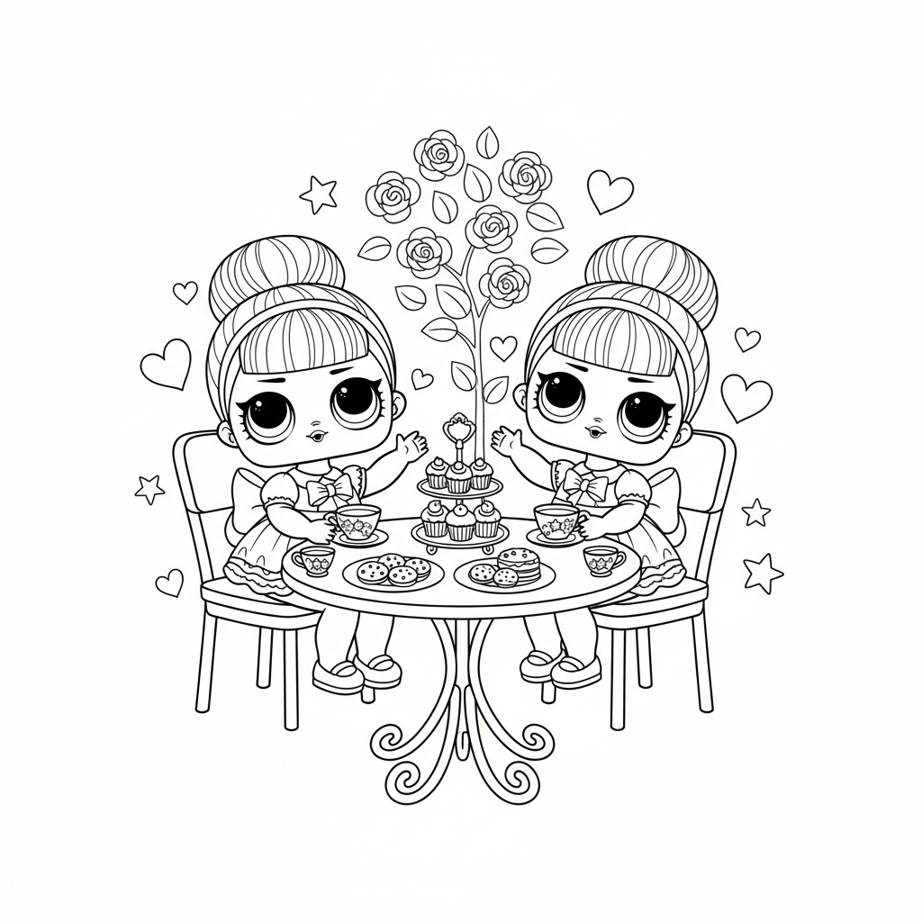 Bambola LOL che fa un tea party con tavolo in miniatura e dolcetti - Disegno da colorare gratuito