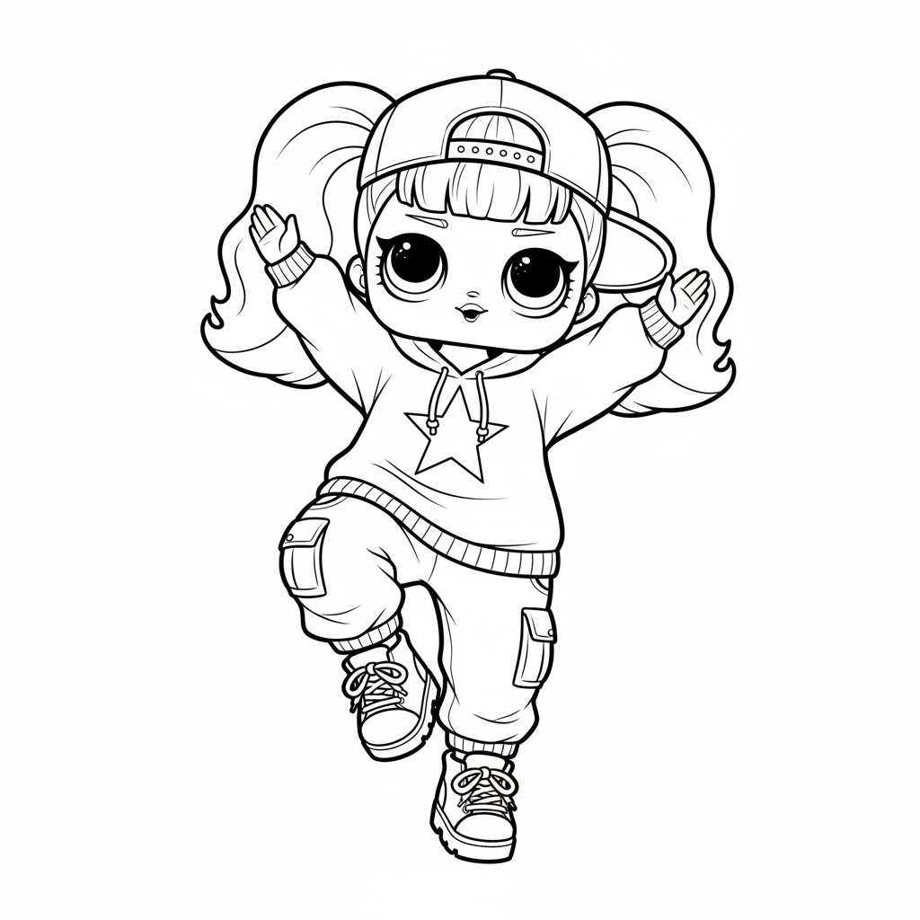 LOL-docka i hiphop-outfit med sneakers och keps som dansar - Gratis utskrivbar målarbild