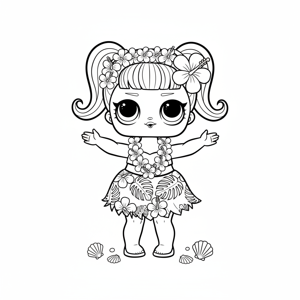 Poupée LOL en tenue hawaïenne tropicale avec un collier de fleurs - Free Printable Coloring Page
