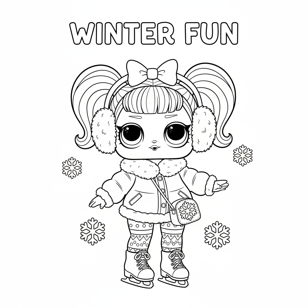 Poupée LOL en tenue d'hiver avec cache-oreilles et patins à glace - Coloriage gratuit à imprimer