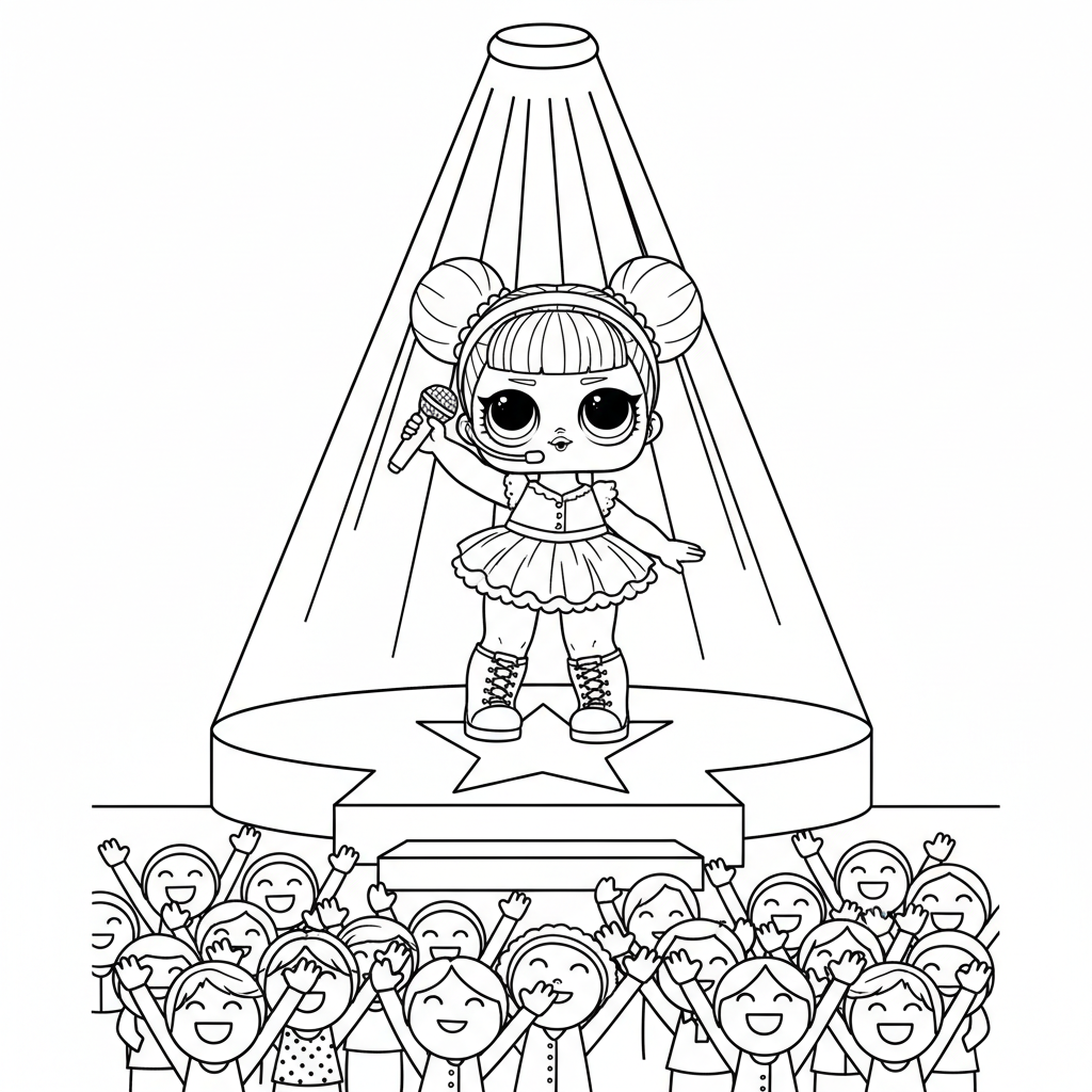 LOL doll pop star on stage with spotlight and audience - Free Printable Coloring Page