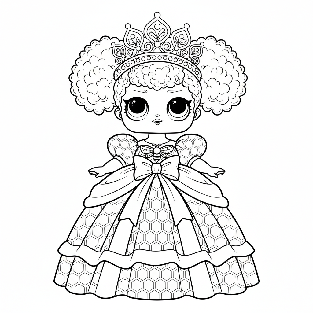 Poupée LOL reine des abeilles avec couronne et robe dorée glamour - Coloriage gratuit à imprimer