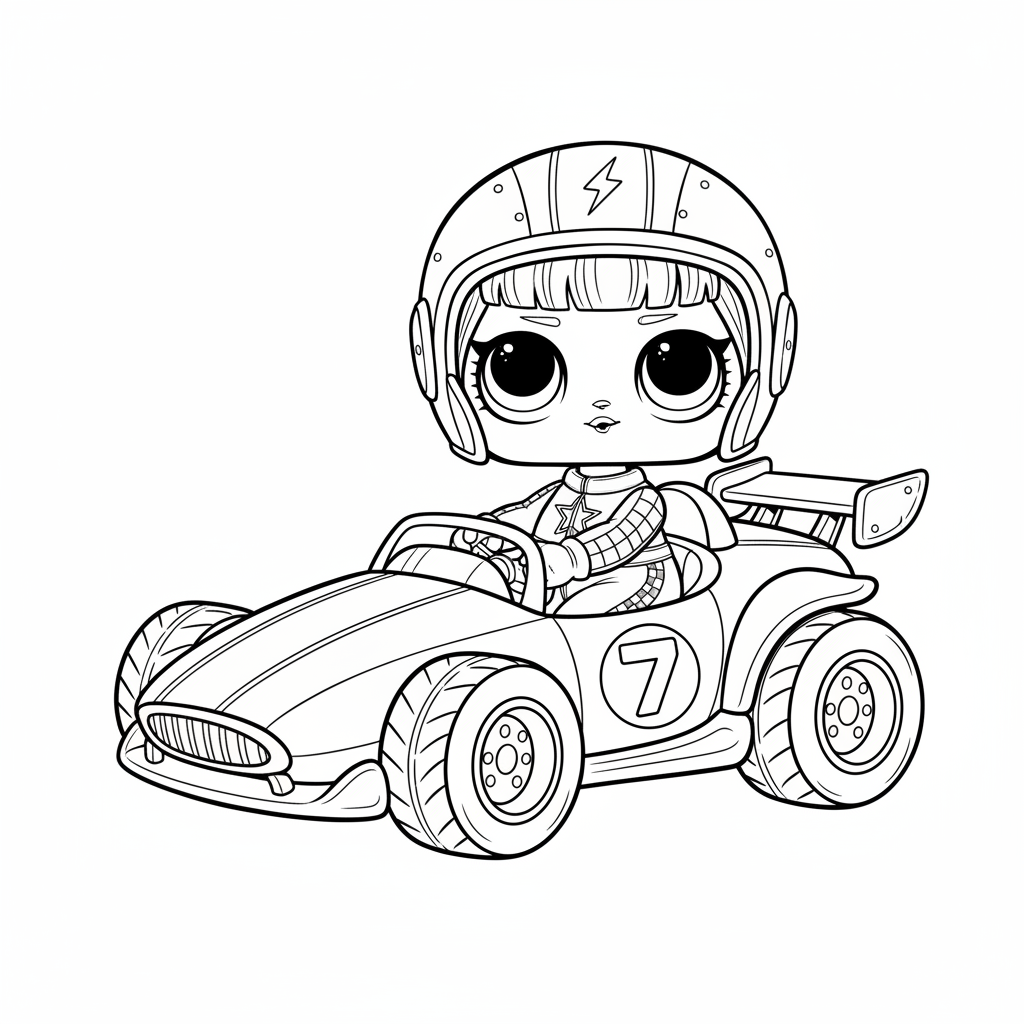 LOL doll racing car driver in jumpsuit with helmet - Free Printable Coloring Page