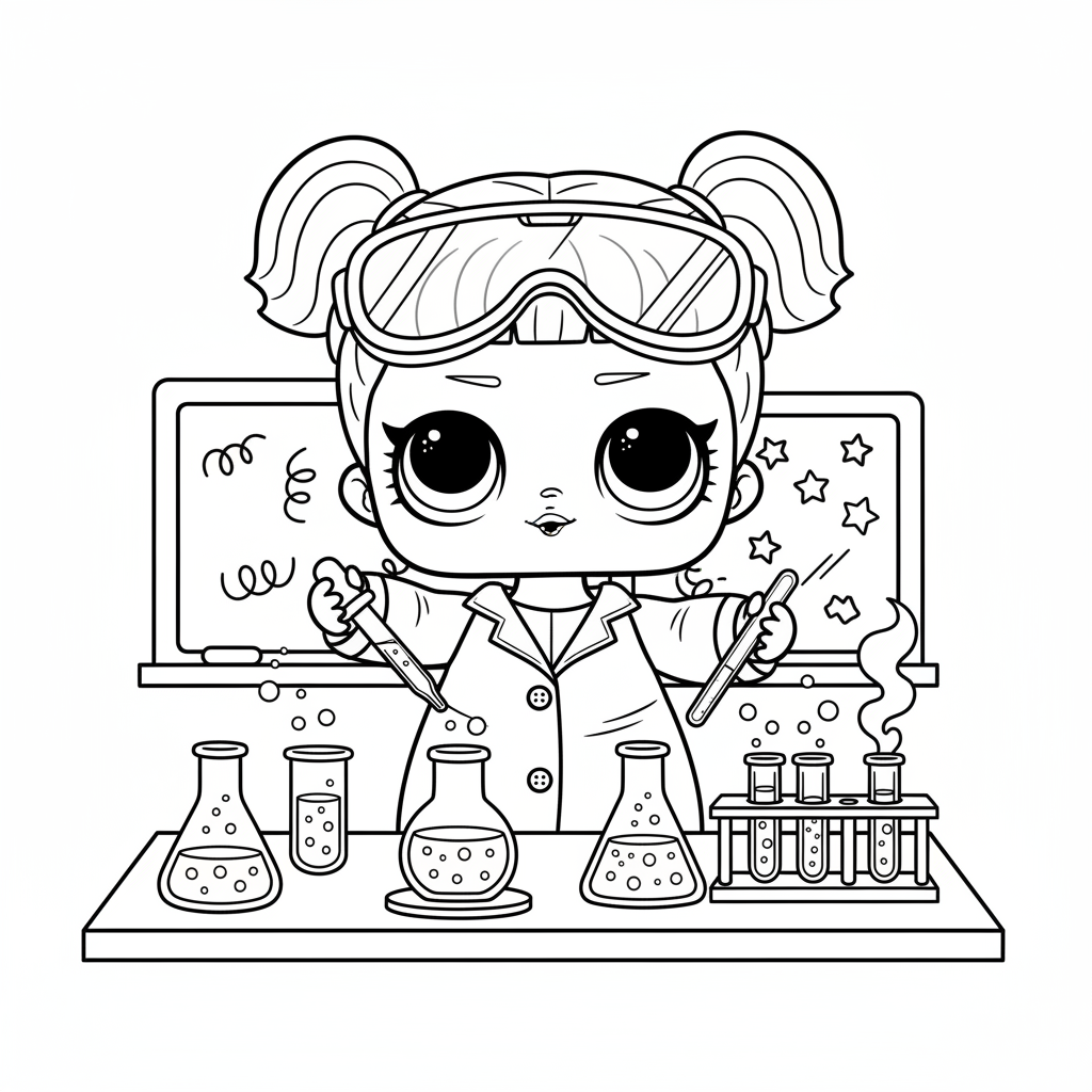 Bambola LOL scienziata con camice da laboratorio, occhiali e esperimenti - Disegno da colorare gratuito