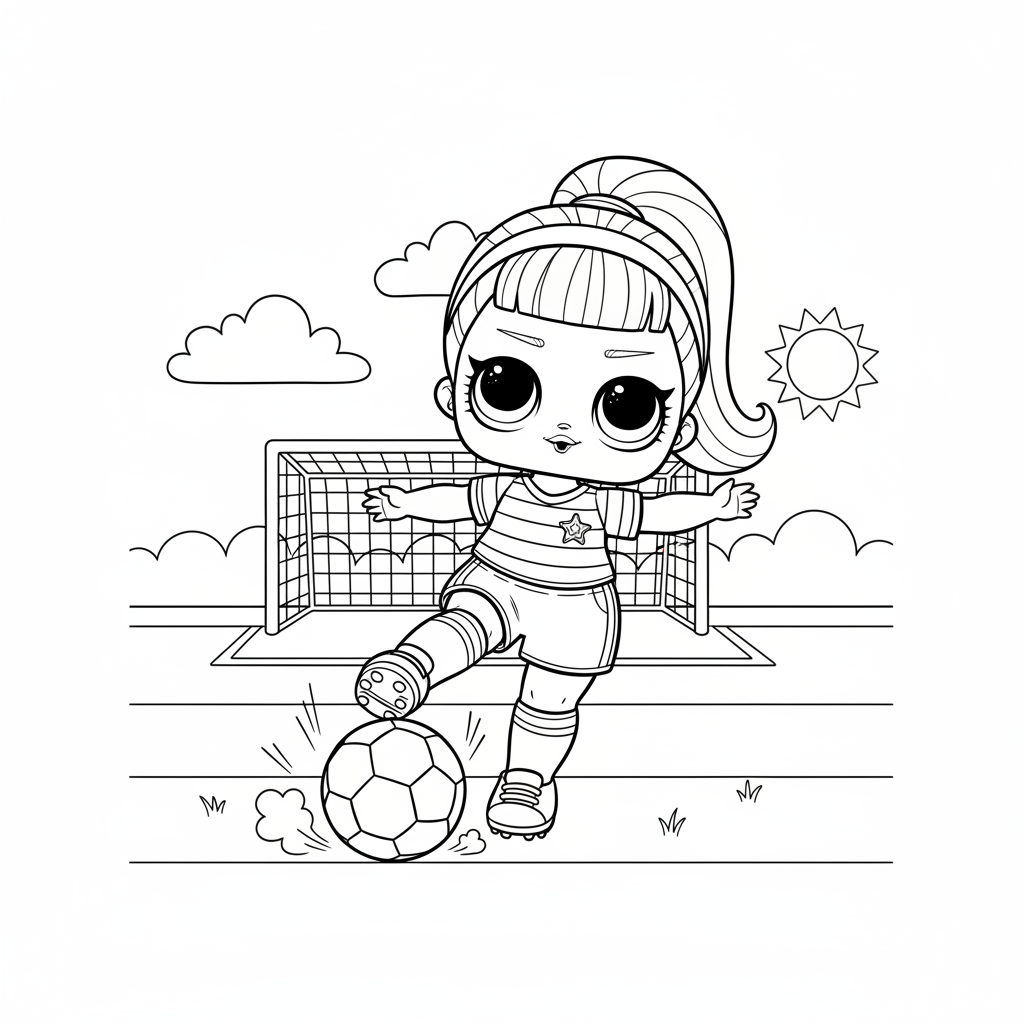 LOL-docka sportig fotbollsspelare sparkar boll på planen - Gratis utskrivbar målarbild